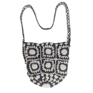 Handmade Black & White Crochet Shoulder Bag Boho Festival Bucket Tote